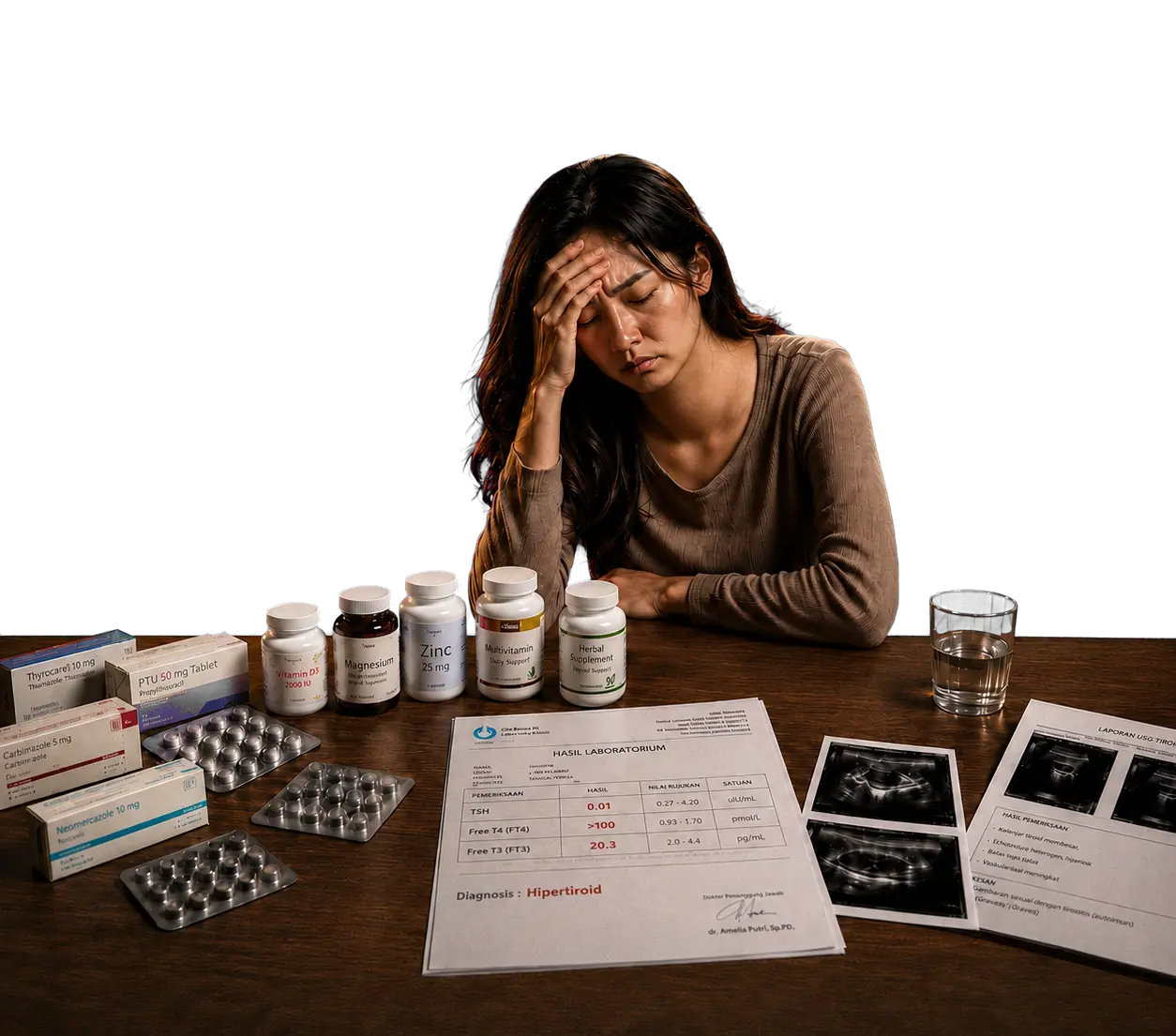 Penderita hipertiroid bersama obat, hasil laboratorium, dan pemeriksaan USG tiroid